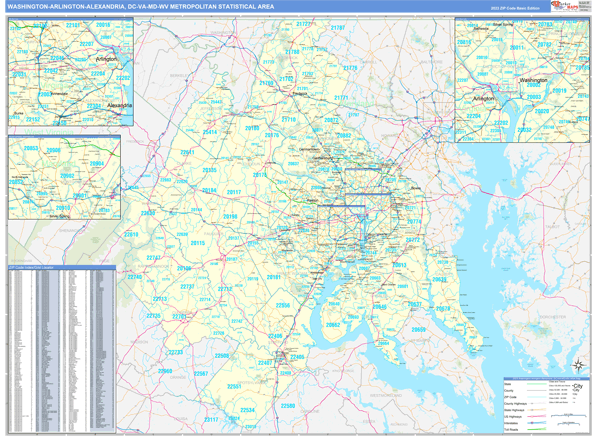 Washington-Arlington-Alexandria Metro Area Wall Map Basic Style